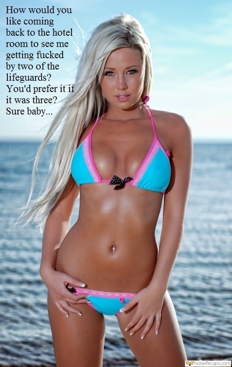 Sexy Memes hotwife caption: How would you like coming back to the hotel room to see me getting fucked by two of the lifeguards? You’d prefer it if it was three? Sure baby… Barbie Posing in Colorful Bikini by Water