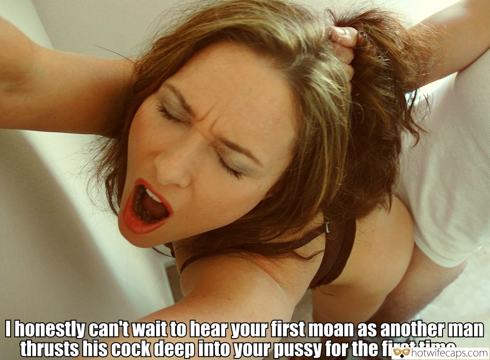 Wife Sharing hotwife caption: I honestly can’t wait to hear your first moan as another man thrusts his cock deep into your pussy for the first time Brunette Moans During Intense Doggy Sex