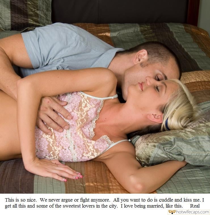 hotwife cuckold hotwife caption cute couple cuddling and kissing in bed