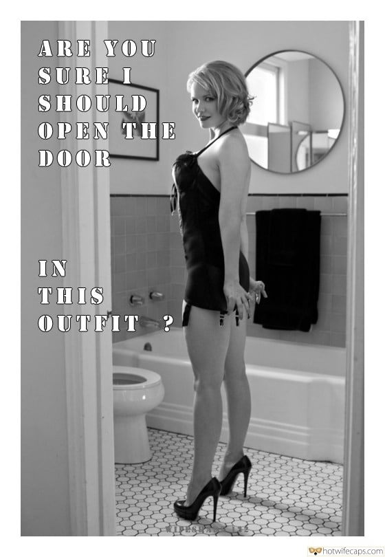 Sexy Memes hotwife caption: ARE YOU SURE I SHOULD OPEN THE DOOR IN THIS OUTFIT ? Golden Haired Beauty in Sexy Lingerie and High Heels