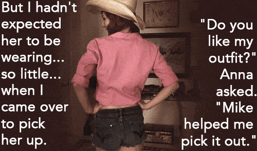 Sexy Memes Gifs hotwife caption: But I hadn’t expected her to be “Do you like my outfit?” wearing… so little… when I Anna asked. “Mike came over to pick her up. helped me pick it out. %3D Cowgirl Shows Sexy Legs and Ass in Jean...