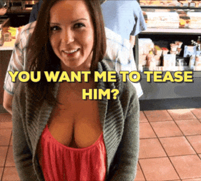 Sexy Memes Public Gifs hotwife caption: YOU WANT ME TO TEASE HIM? Hottie With Sexy Rack at the Supermarket