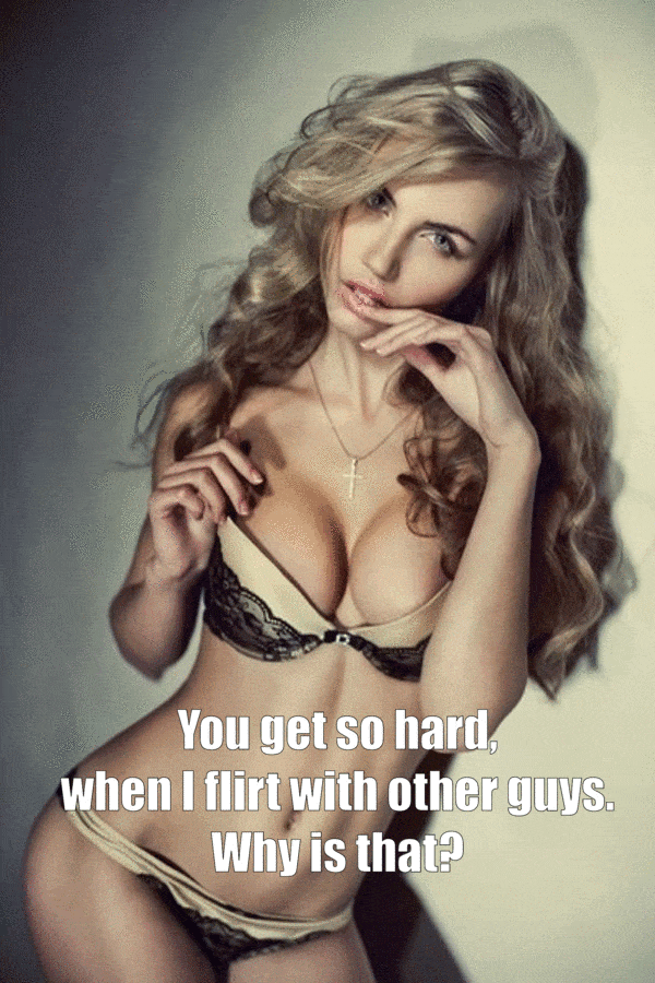 Sexy Memes Dirty Talk hotwife caption: You get so hard, when I flirt with other guys. Why is that? Slender Blonde in Exotic Lace Lingerie