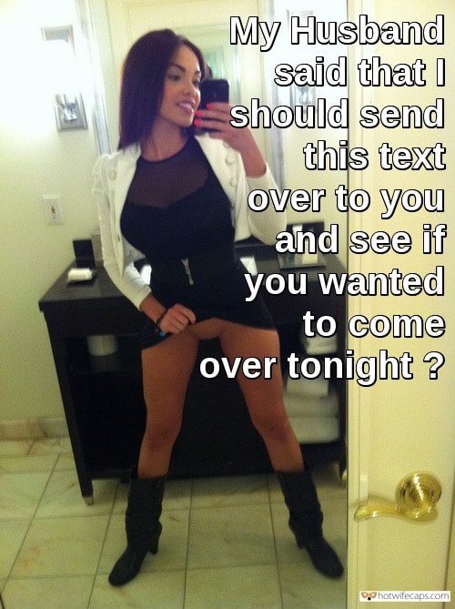 No Panties Flashing hotwife caption: My Husband said that I should send this text over to you and see if you wanted to come over tonight ? Pantyless Upskirt Selfie as Invitation for Bull