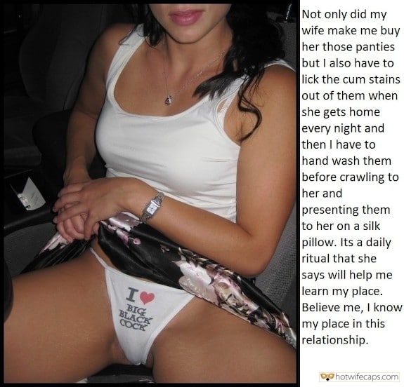 Sexy Memes Public Humiliation Flashing Femdom Cuckold Cleanup hotwife caption: Not only did my wife make me buy her those panties but I also have to lick the cum stains out of them when she gets home every night and then I have to hand wash them before crawling to...