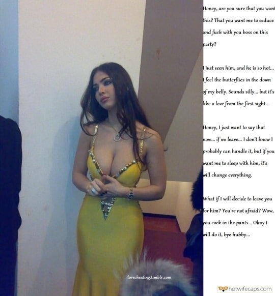 wifesharing hotwife cuckold boss cuckold hotwife caption busty wife in open front yellow dress on party