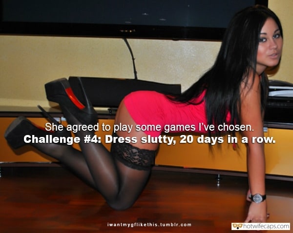 Sexy Memes No Panties Challenges and Rules hotwife caption: She agreed to play some games I’ve chosen. Challenge #4: Dress slutty, 20 days in a row.  wife fantasy Tight Red Mini Dress, Stockings and High Heels for the Start