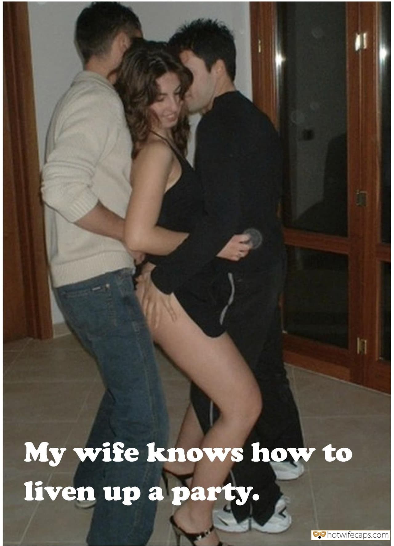 Wife Sharing Threesome Sexy Memes Friends hotwife caption: My wife knows how to liven up a party. Wife Sexy Dancing Between Two of My Best Buddies