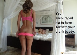 My Favorite hotwife caption: You encouraged her to have sex with your drunk buddy. Husband Shared Wife in Pink Lingerie
