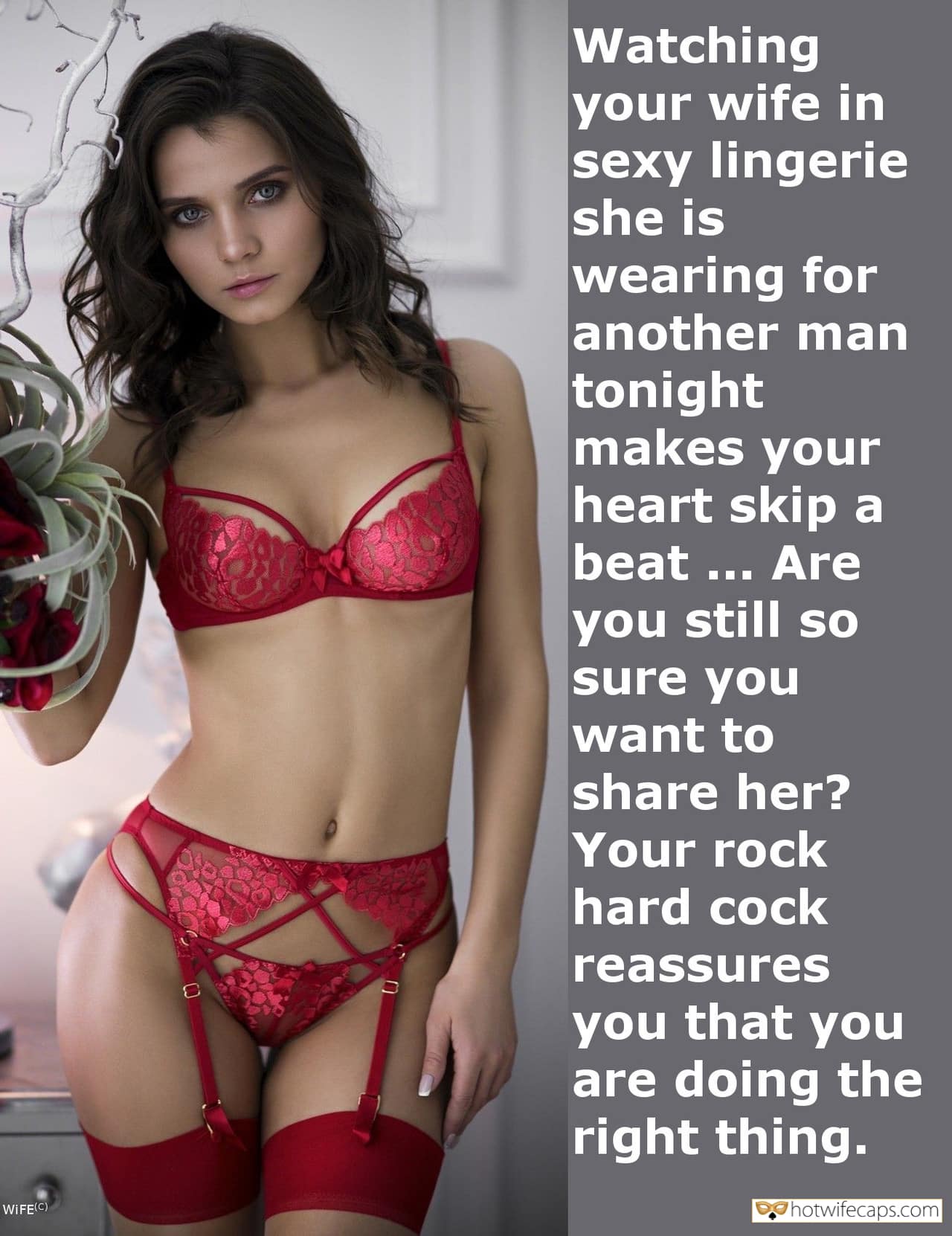 Sexy Memes hotwife caption: Watching your wife in sexy lingerie she is wearing for another man tonight makes your heart skip a beat … Are you still so sure you want to share her? Your rock hard cock reassures you that you are doing...