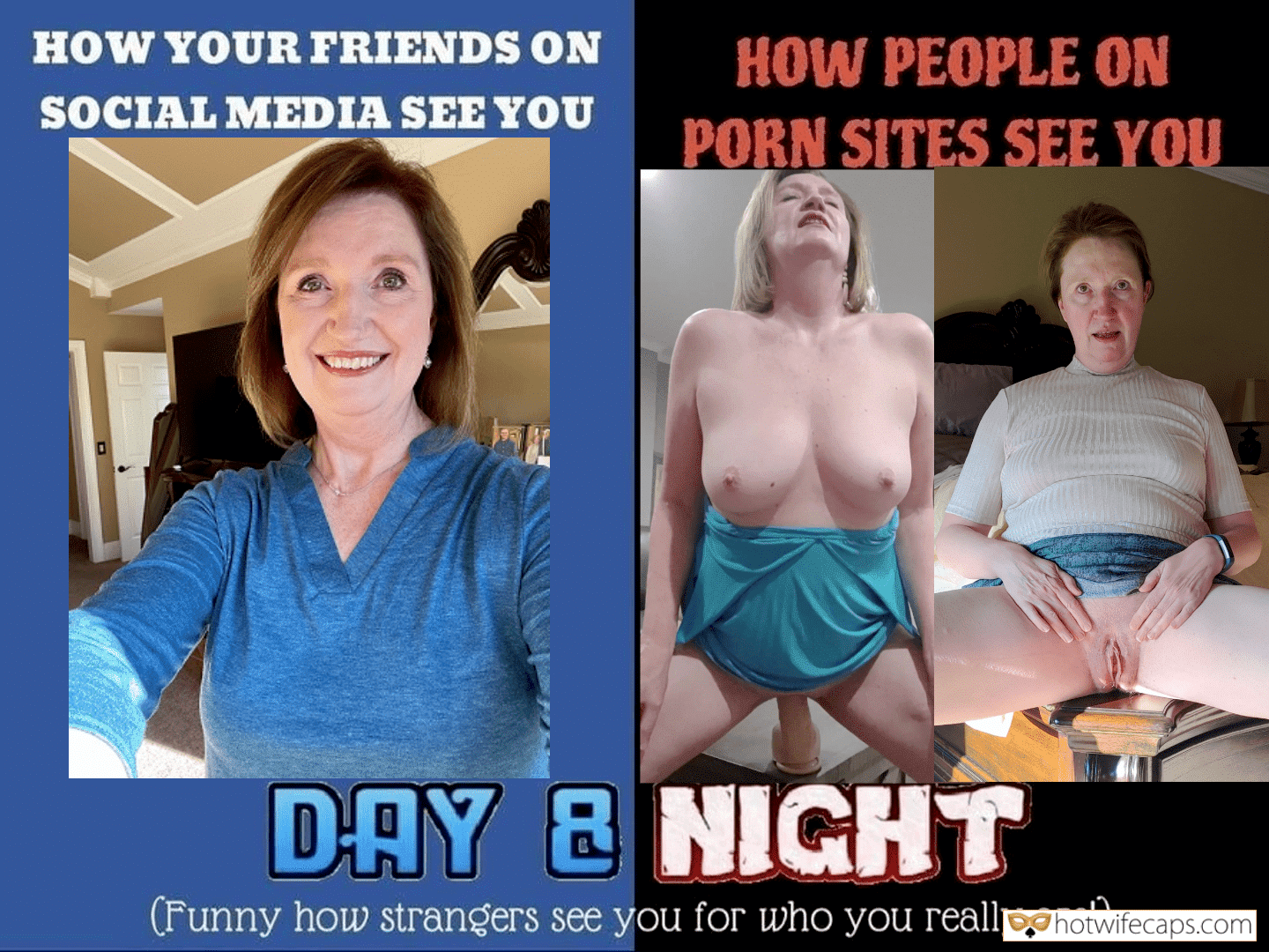 Friends Flashing Bottomless hotwife caption: HOW DO YOUR FRIENDS ON SOCIAL MEDIA SEE YOU. HOW DO PEOPLE ON PORN SITES SEE YOU. DAY 8 NIGHT (Funny how strangers see you for who you really are!) Day Night Mature Slut Susan New