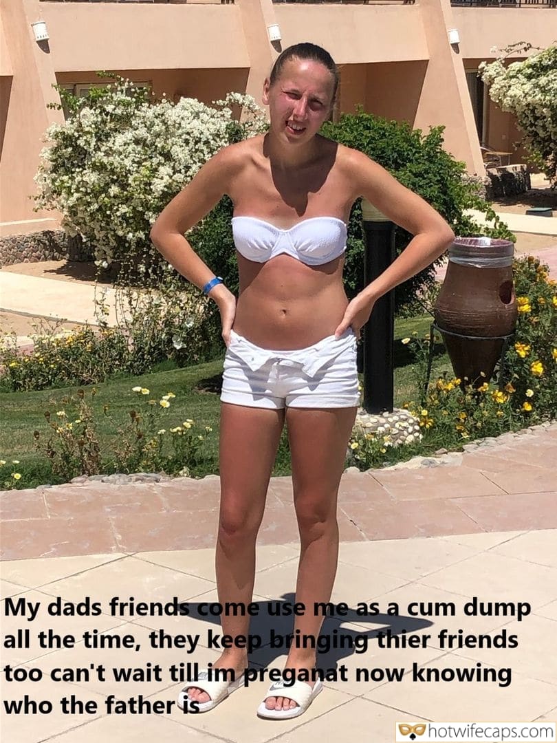 Sexy Memes Impregnation Group Sex Friends Dirty Talk Creampie Cheating hotwife caption: My dads friends come use me as a cum dump all the time, they keep bringing thier friends too can’t wait till im preganat now knowing who the father is Daddy’s Girl Is a Filthy Cum Slut