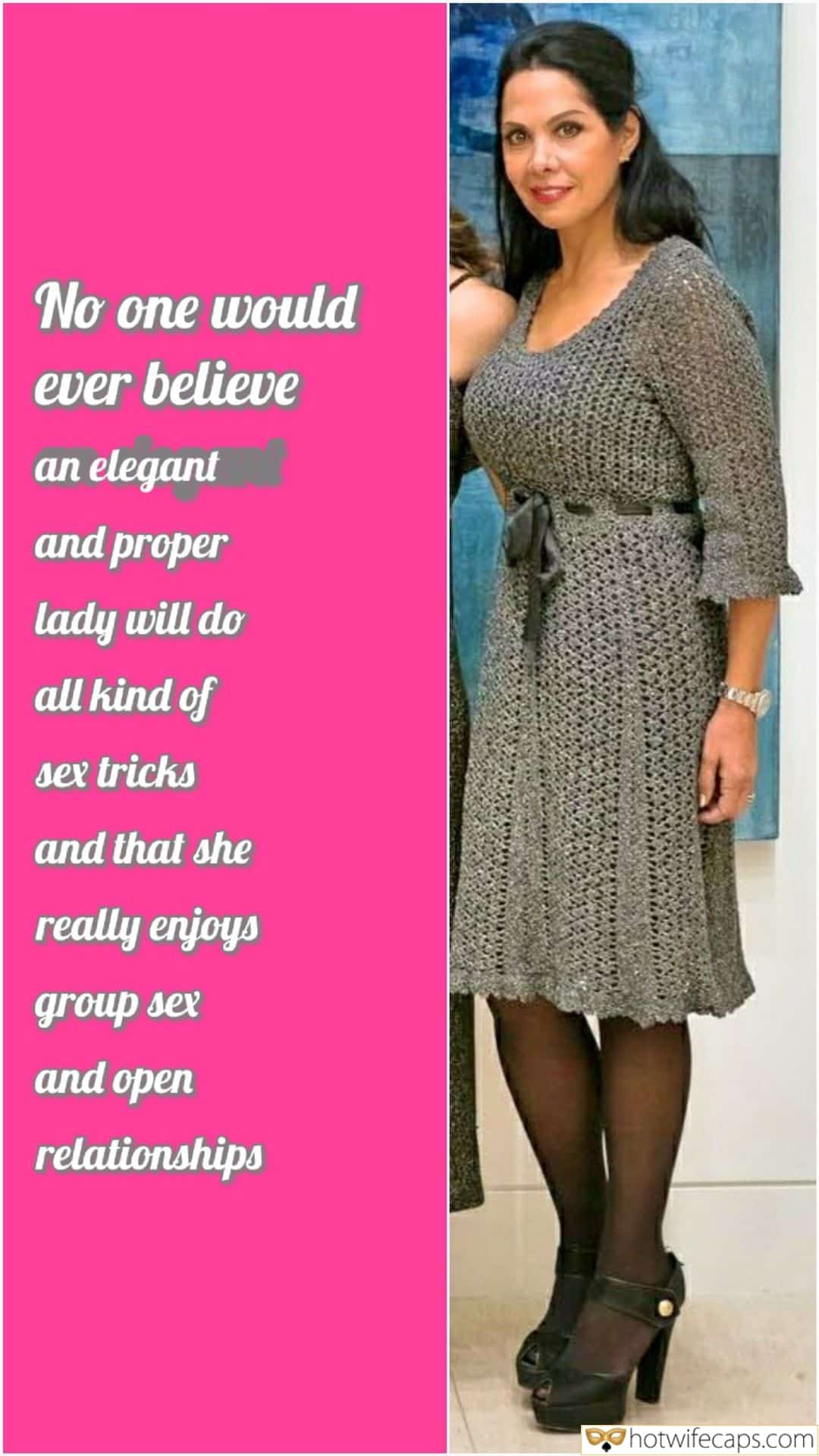Tips Texts Sexy Memes Group Sex Challenges and Rules hotwife caption: No one would ever believe an elegant and proper lady will do all kind of sex tricks and that she really enjoys group sex and open relationships Little Wife in a Modest Gray Dress