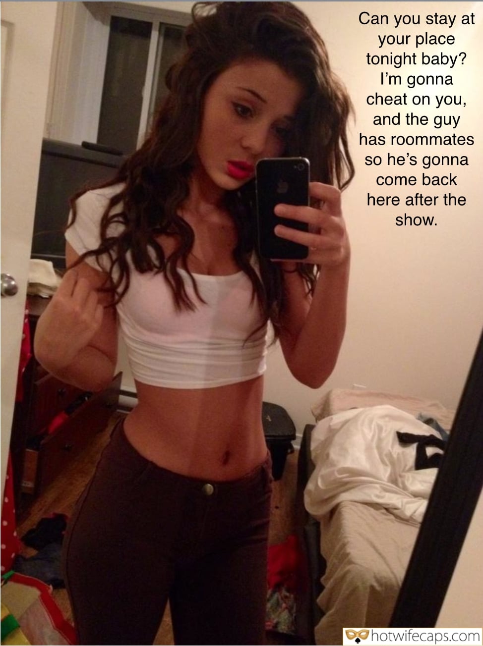 Threesome Sexy Memes Group Sex Friends Cheating hotwife caption: Can you stay at your place tonight baby? I’m gonna cheat on you, and the guy has roommates so he’s gonna come back here after the show. Slender Beauty With Small Tits
