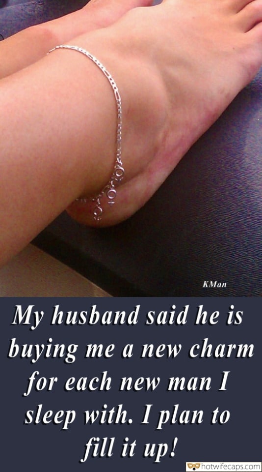 Sexy Memes Cuckold Cleanup Cheating Bully Bull Barefoot Anklet hotwife caption: My husband said he is buying me a new charm for each new man I sleep with. I plan to fill it up! An Anklet on a Female Leg