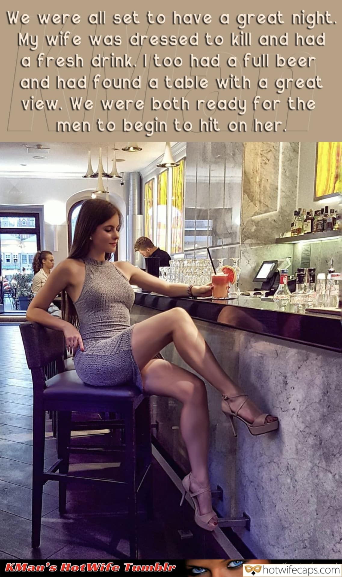 Wife Sharing Sexy Memes Public Getting Ready Cheating hotwife caption: We were all set to have a great night. My wife was dressed to kill and had a fresh drink. I too had a full beer and had found a table with a great view. We were both ready for...
