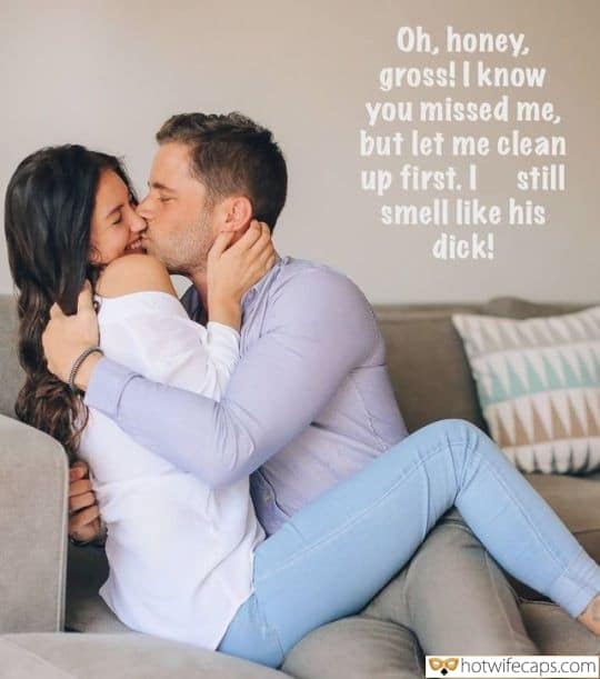 Sexy Memes Cuckold Cleanup Cheating Bull Boss Blowjob hotwife caption: Oh, honey, gross! I know you missed me, but let me clean up first. I still smell like his dick! Fucked Hot Wife Returned to Her Husband