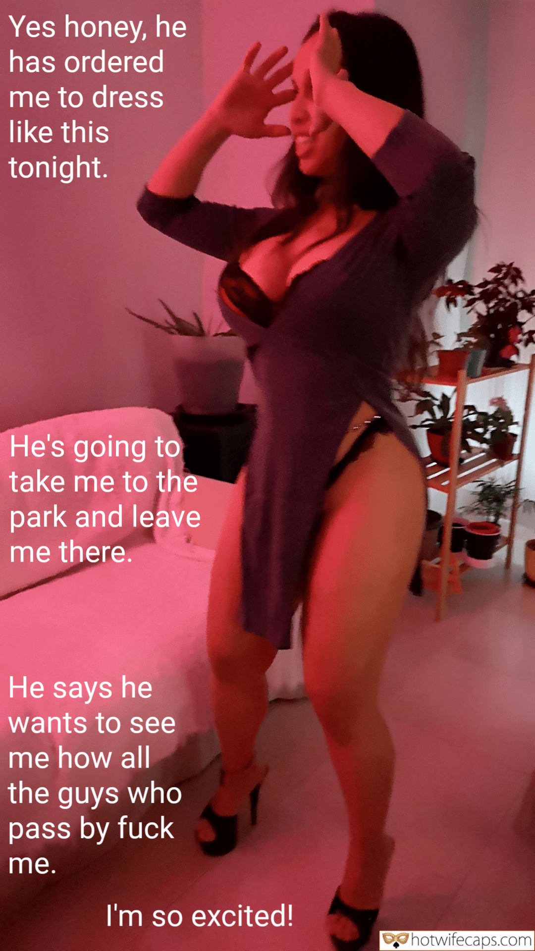 Wife Sharing Public Humiliation Group Sex Getting Ready Dogging Cum Slut Cheating Challenges and Rules Bull hotwife caption: Yes honey, he has ordered me to dress like this tonight. He’s going to take me to the park and leave me there. He says he wants to see me how all the guys who pass by fuck me. I’m...