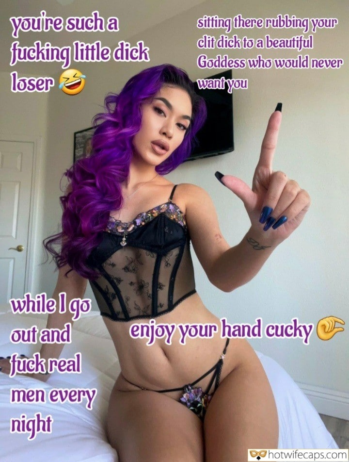 submitted by users wife no panties cheating captions cuckold bully cuckold bull bottomless  hotwife caption Youre such a fucking little dick loser sitting there rubbing your clit dick