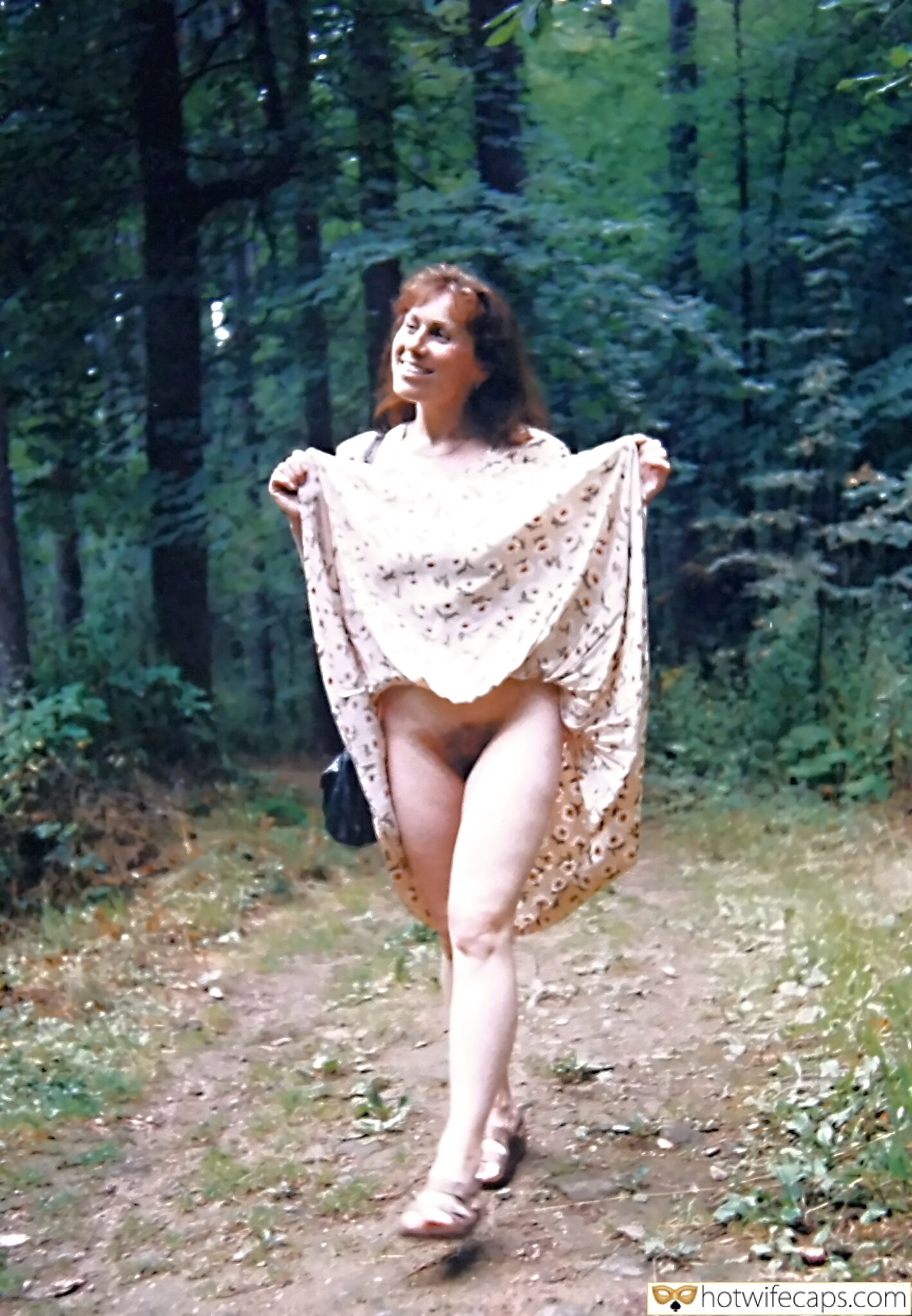 Wife Sharing Submitted by Users π₯ Public No Panties Flashing Chastity Bottomless hotwife caption: A woman in a short floral dress flashes in a forested area, exposing her bare skin to the natural surroundings and any potential passersby. The scene capture... Forest Path: Public Flashing