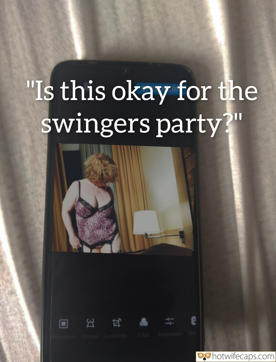 My Favorite hotwife caption: This morning, I stood in front of the mirror, adjusting the slip dress that hugs my curves just right. The fabric is thin, barely covering my thighs and shoulders, leaving little to the imagination. I can feel the cool air...