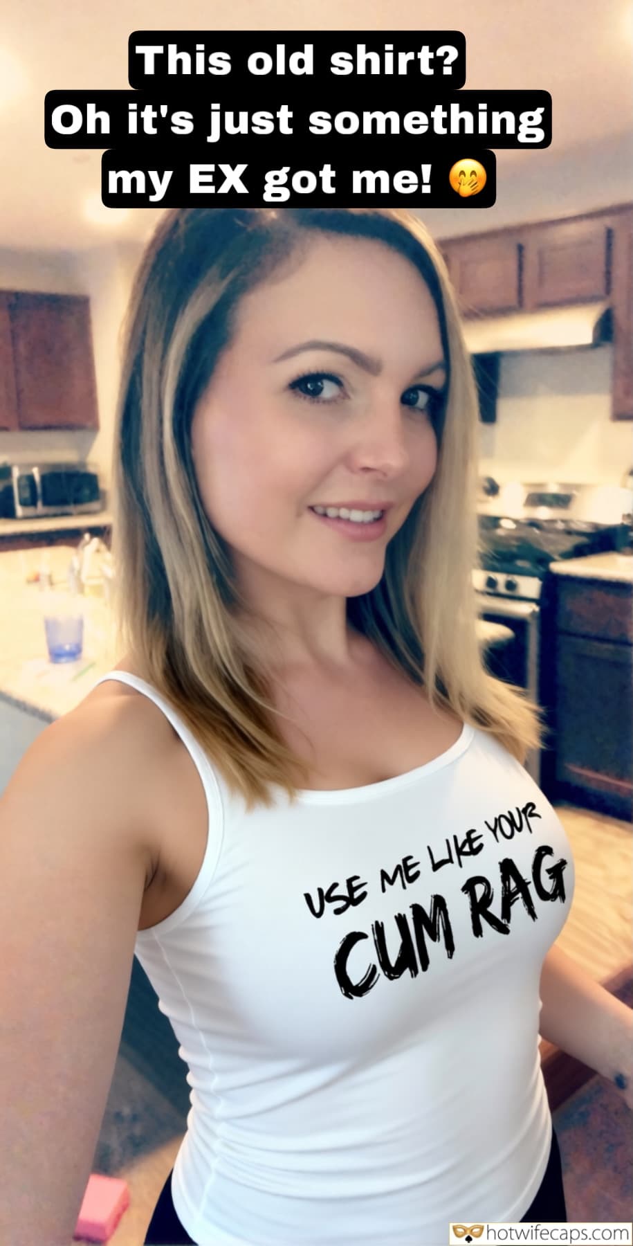 Texts Submitted by Users 🔥 Ex Boyfriend Cum Slut hotwife caption: A woman wears a shirt with explicit text, a gift from her ex, in a kitchen setting. The image highlights a power dynamic where past relationships influence p... What Does Her Ex’s Gift Really Mean?