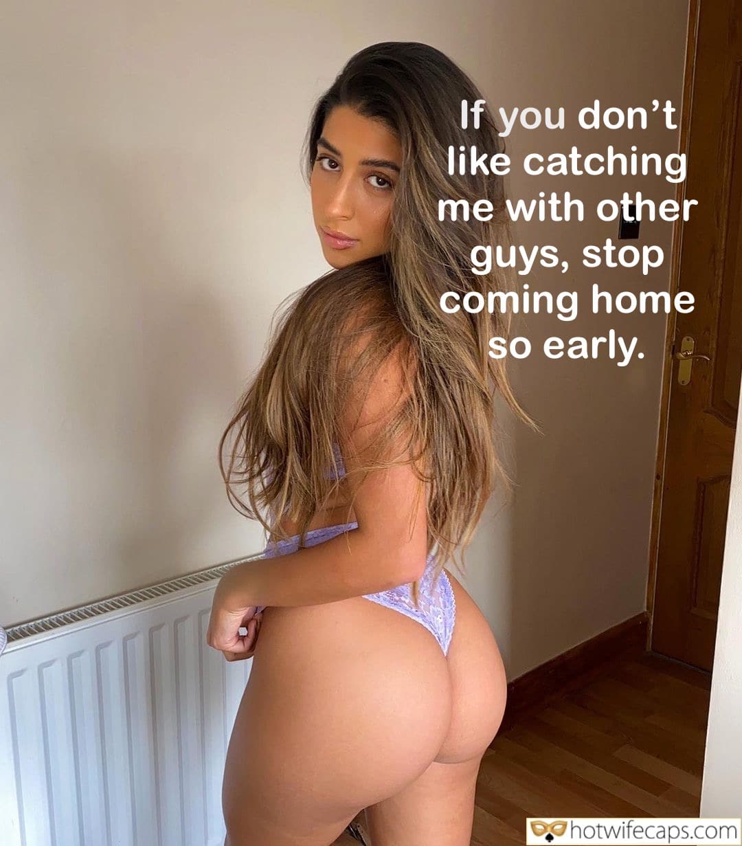 Texts Submitted by Users 🔥 Getting Ready Cheating hotwife caption: A private residential space features a woman in a light blue bikini bottom, standing confidently with a text overlay. The setting includes a beige wall and a... Why Does He Always Catch Me With Other Guys?