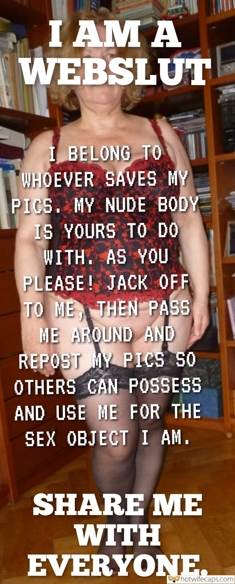 Wife Sharing Submitted by Users 🔥 Cuckold Stories Cheating Bull hotwife caption: A hotwife in a library setting offers herself as a webslut, inviting viewers to possess and share her intimate images, emphasizing power and control. Library Confession: The Webslut’s Offering