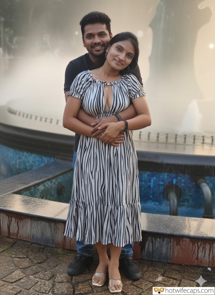 Wife Sharing Submitted by Users 🔥 Humiliation Cuckold Stories hotwife caption: Couple stands in public space with water feature, displaying intimate body language. Man embraces woman in striped dress, both smiling. Setting suggests outd... Public Display of Desire by the Fountain
