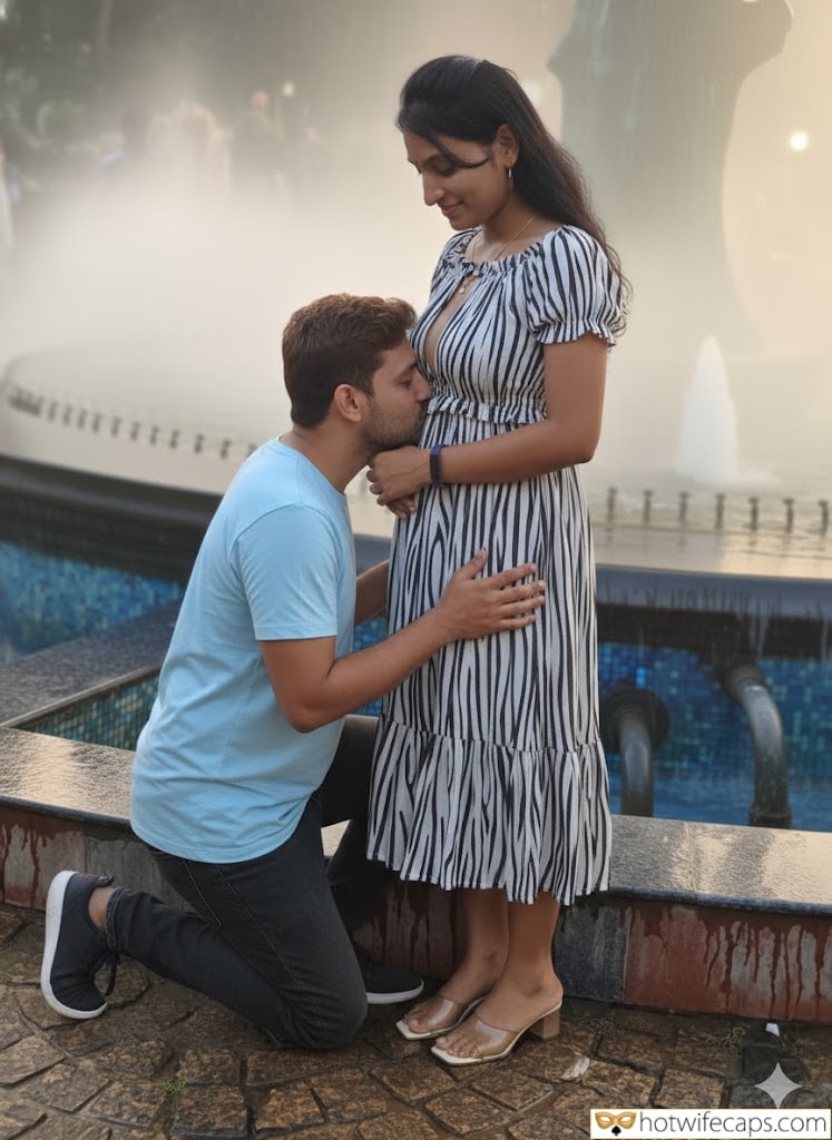 Wife Sharing Submitted by Users 🔥 Humiliation Cuckold Stories hotwife caption: A woman in a striped dress stands over a kneeling man in a public space with fountains, highlighting a clear power dynamic. Her Smile, His Knees: A Public Encounter