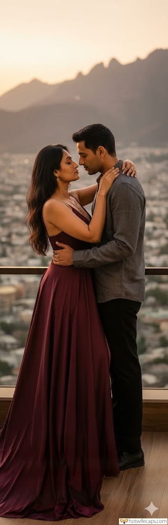 Wife Sharing Submitted by Users 🔥 Humiliation Cuckold Stories hotwife caption: A couple stands on a city balcony at sunset, mountains in the distance. The warm lighting highlights their intimate moment, with a cityscape backdrop. What Secrets Lie in the Cityscape at Sunset?
