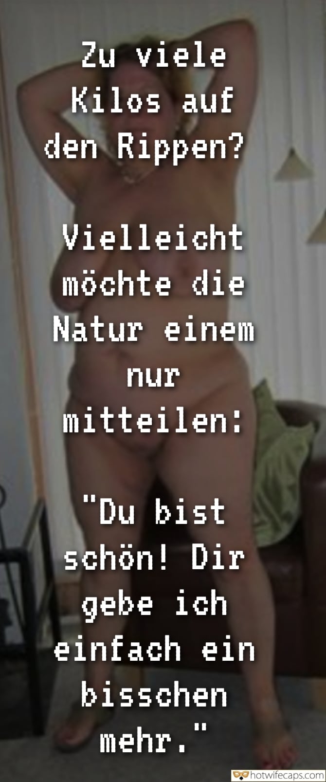 Wife Sharing Submitted by Users 🔥 Cuckold Stories Bull hotwife caption: Naked woman stands confidently in soft indoor lighting, arms raised, with text overlay in German. Scene captures power dynamic in domestic setting. Naked Truth: Cuckold’s Confession in Soft Light