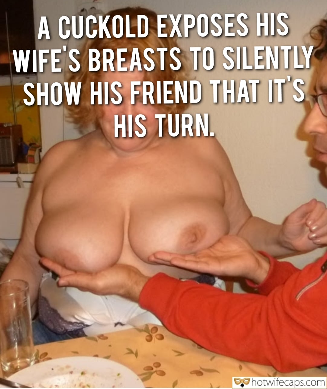 Wife Sharing Submitted by Users 🔥 Friends Cuckold Stories Bull hotwife caption: A cuckold exposes his wife's breasts at a casual dinner, silently indicating it's his friend's turn in a twisted power dynamic. Cuckold’s Silent Offering: Exposed Breasts at the Dinner Table