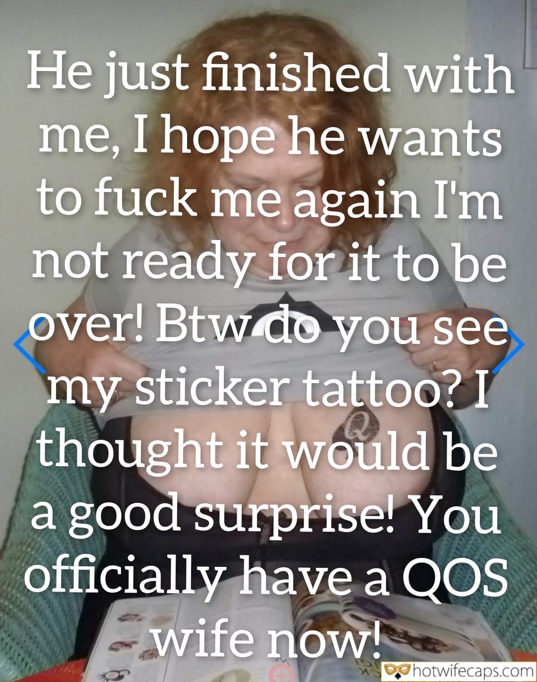 Wife Sharing Submitted by Users 🔥 Cuckold Stories Bull BBC hotwife caption: A QOS wife reveals her sticker tattoo surprise, hoping to entice her husband for another round of intense pleasure, emphasizing her role and submission. Cuckold’s Delight: My Wife’s Sticker Tattoo Surprise