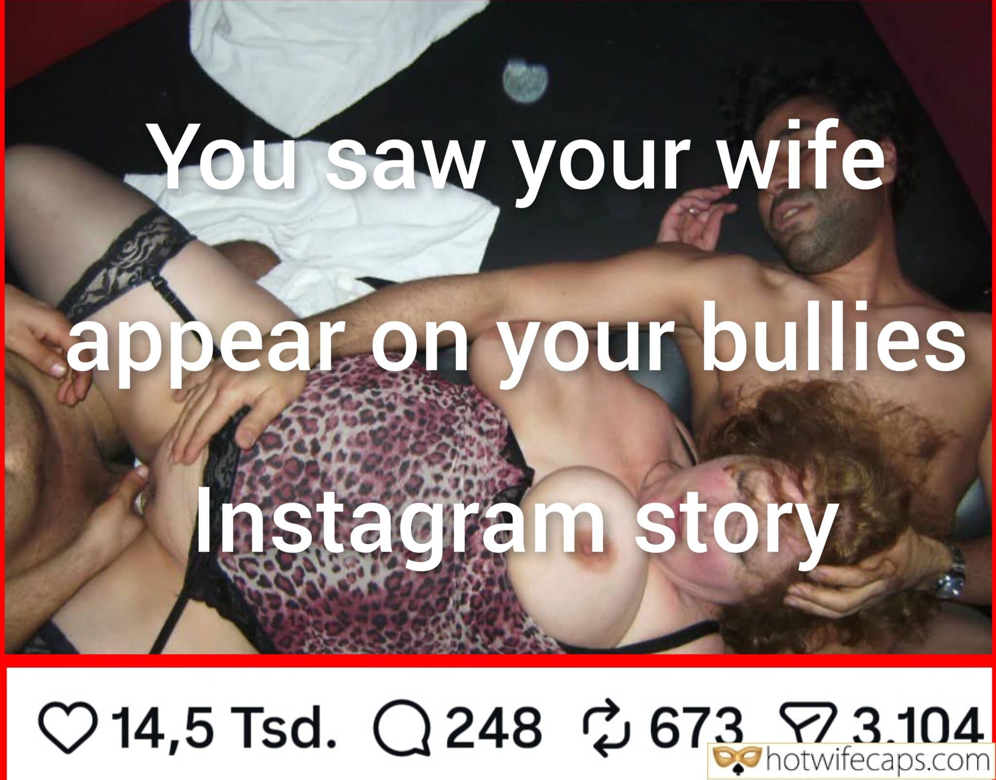 Wife Sharing Submitted by Users 🔥 Cuckold Stories Bull hotwife caption: Four men are seen in a dimly lit room, partially clothed and engaged in intimate acts. The image features a unique pattern on bodysuits and includes social m... Did She Know I Was Watching Her on His Story?