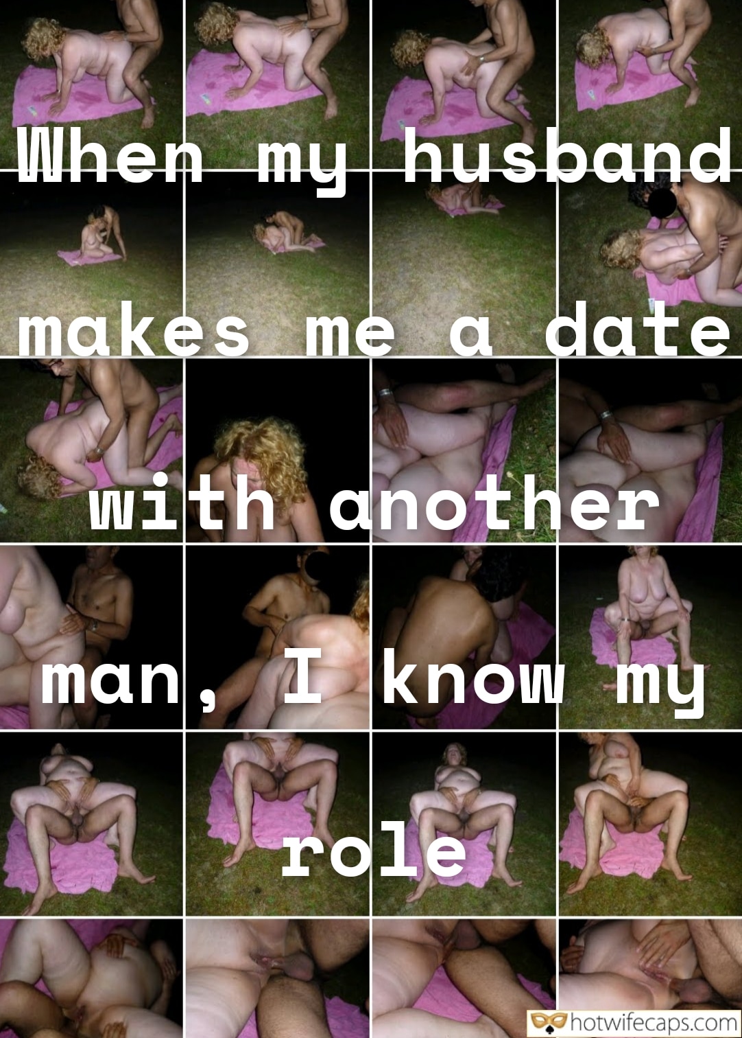 Wife Sharing Submitted by Users 🔥 Public Cuckold Stories Bull hotwife caption: A collage of intimate moments outdoors, featuring multiple individuals in various positions on a purple cloth. The scene captures a cuckold dynamic with a hu... When My Husband Sets the Stage