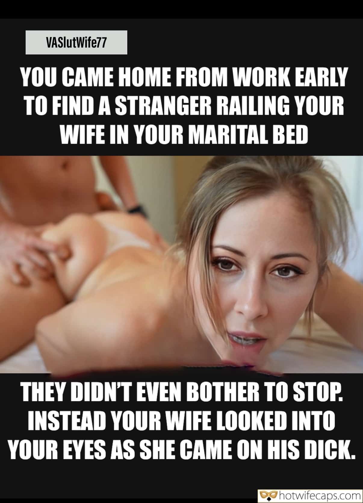 Wife Sharing Submitted by Users 🔥 Humiliation Cum Slut Cuckold Stories Bull Bigger Cock BBC hotwife caption: Wife caught fucking a stranger in marital bed, eyes locked on cuckold husband as she orgasms on stranger's cock, acknowledging his presence. Cuckold’s Return: Wife’s Eyes Locked on Him as She Comes on a Stranger’s Cock