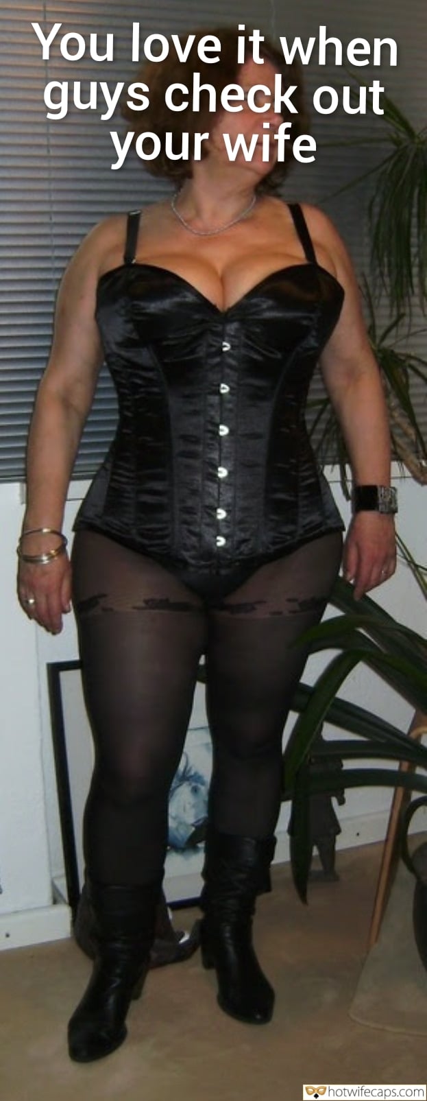 Wife Sharing Submitted by Users 🔥 Cuckold Stories Bull hotwife caption: A cuckold's wife teases in a corset and stockings, showcasing her curves and power in a bedroom setting. Bedroom Bull: My Wife’s Tease