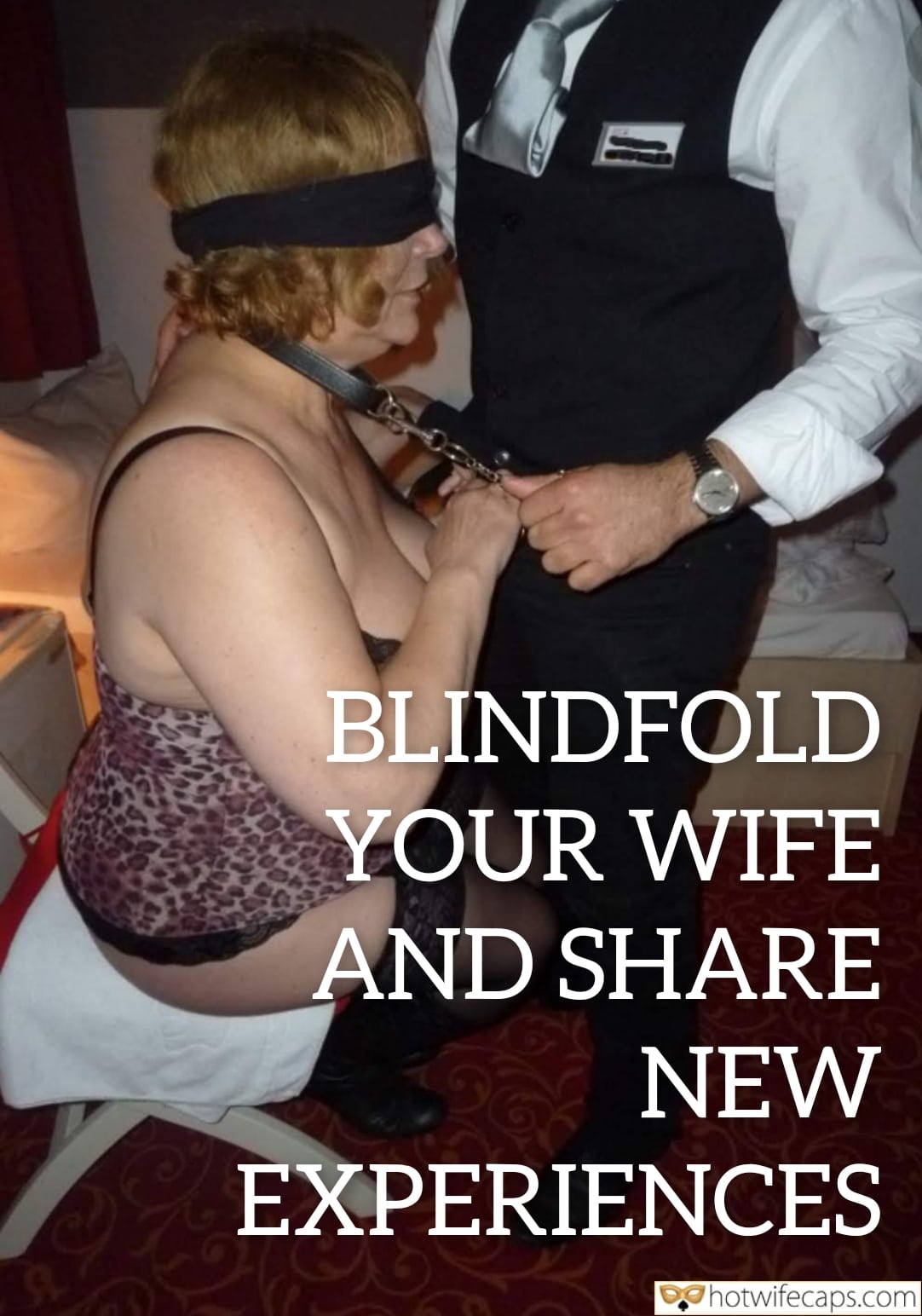Wife Sharing Submitted by Users 🔥 Cuckold Stories Bull Blindfolded hotwife caption: Blindfolded woman kneeling, handling man's cock in bedroom setting. Leather collar, lace panties, and leopard-print bra highlight submission and control dyna... Blindfolded Submission: Her Hands on His Cock