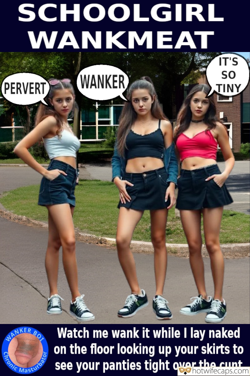 Submitted by Users 🔥 No Panties Masturbation Humiliation Femdom Dirty Talk Chastity hotwife caption: Three schoolgirls in mini skirts stand outdoors, teasing a wanker watching from afar. The scene captures a power dynamic where the girls' confidence contrast... Humiliation on Display: Schoolgirls Tease the Pathetic Wanker