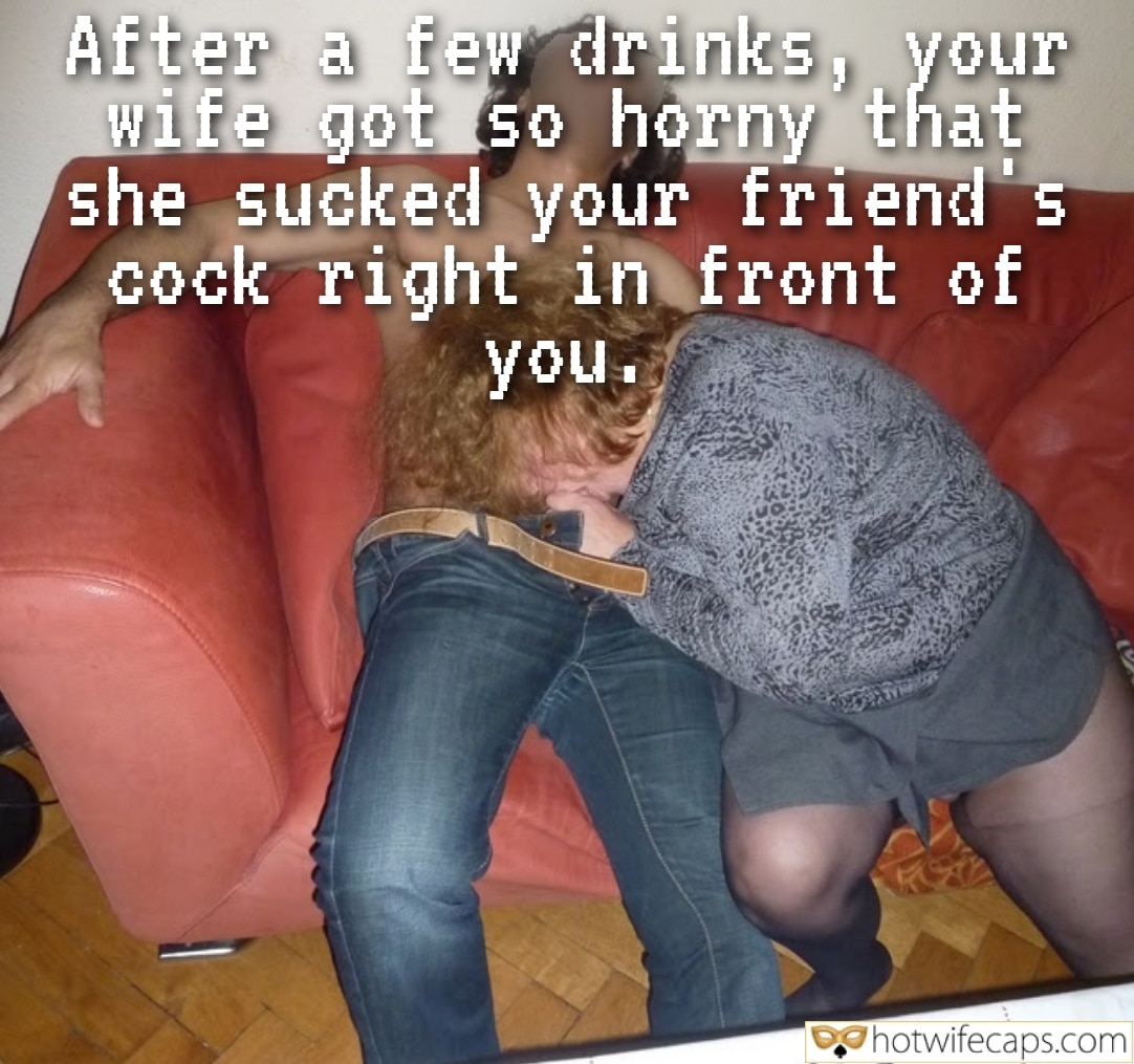 Wife Sharing Submitted by Users 🔥 Friends Cuckold Stories Bull Blowjob hotwife caption: A woman in dark shorts and stockings performs a blowjob on a man's couch, her red curls obscuring her face as she kneels, focused solely on pleasing him. Humiliation on Display: Wife’s Mouth on Friend’s Cock