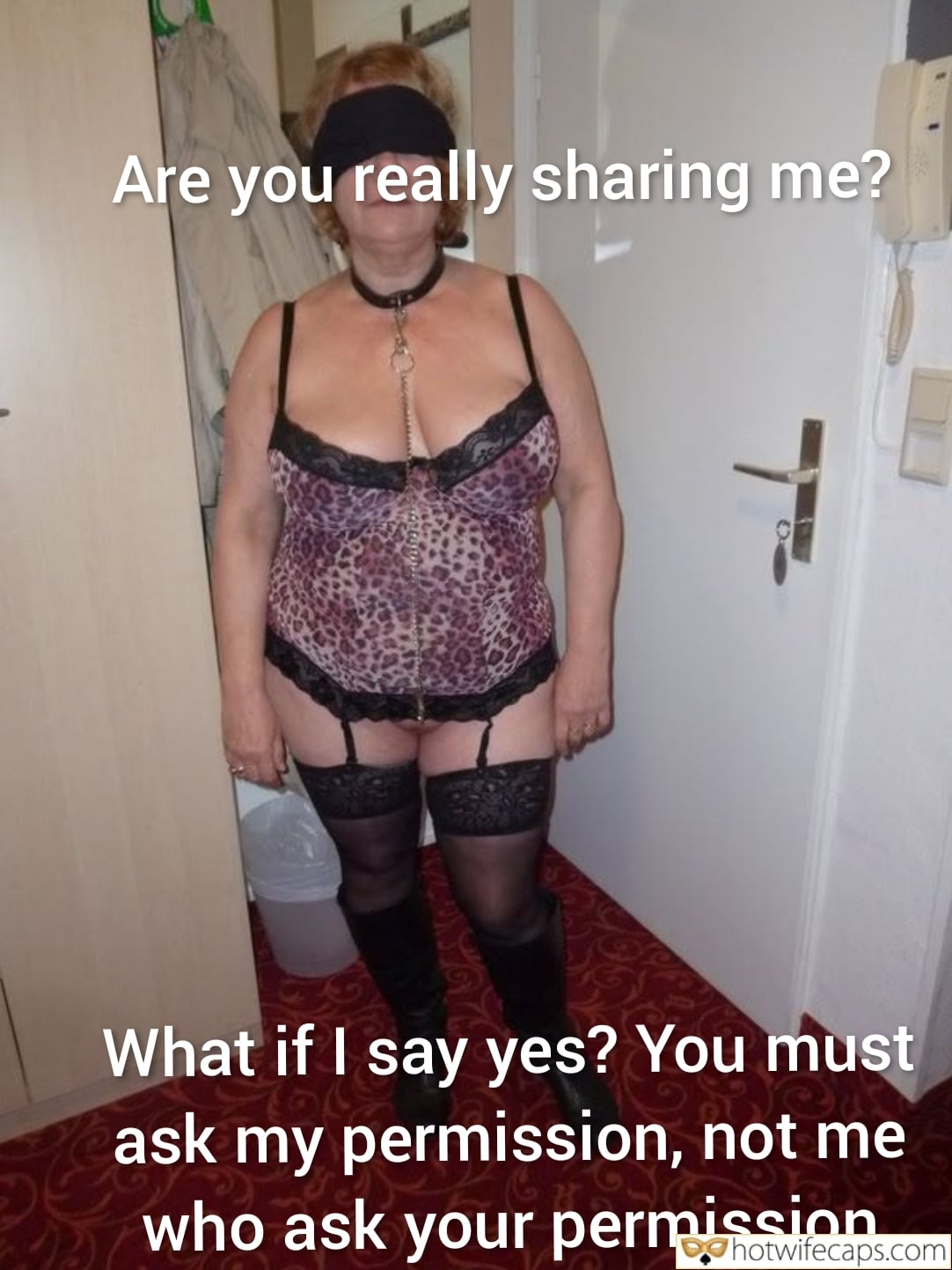 Wife Sharing Submitted by Users 🔥 Friends Cuckold Stories Challenges and Rules Bull hotwife caption: A blindfolded woman in leopard print lingerie stands in a hallway, awaiting her master's command. Power dynamics and submission are evident in her pose and a... Midnight Hallway Submission: Blindfolded and Bound