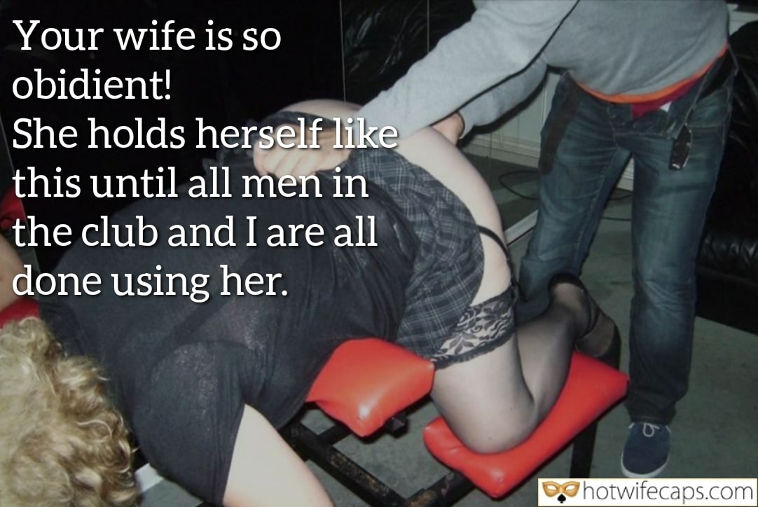 Wife Sharing Submitted by Users 🔥 Cum Slut Cuckold Stories Creampie Cheating Challenges and Rules Bull Bigger Cock BBC hotwife caption: Woman on all fours, ass exposed, man gripping hips, text overlay 'Your wife is so obedient!' Her Ass Spread Wide for the Club’s Bull