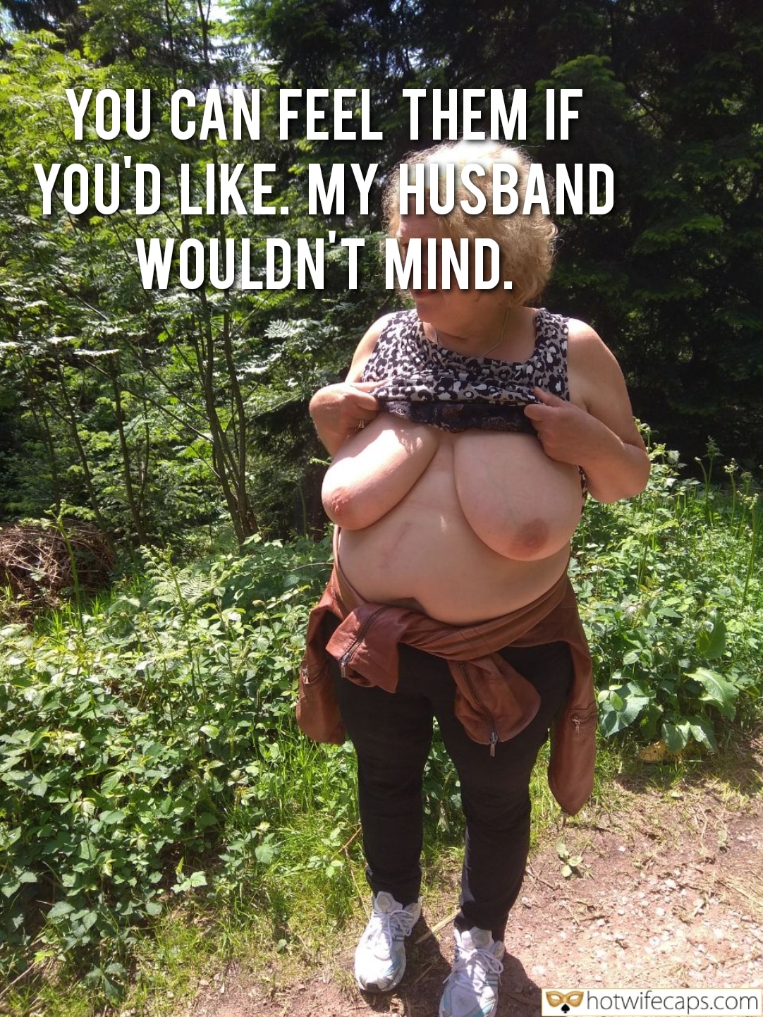 Wife Sharing Submitted by Users 🔥 Friends Cuckold Stories Cheating Bull Boss hotwife caption: A hotwife stands outdoors, partially nude, with her husband's permission to be seen. Her huge, saggy tits are exposed, and she invites passersby to feel them. Outdoor Exhibitionism: My Husband’s Permission to Play