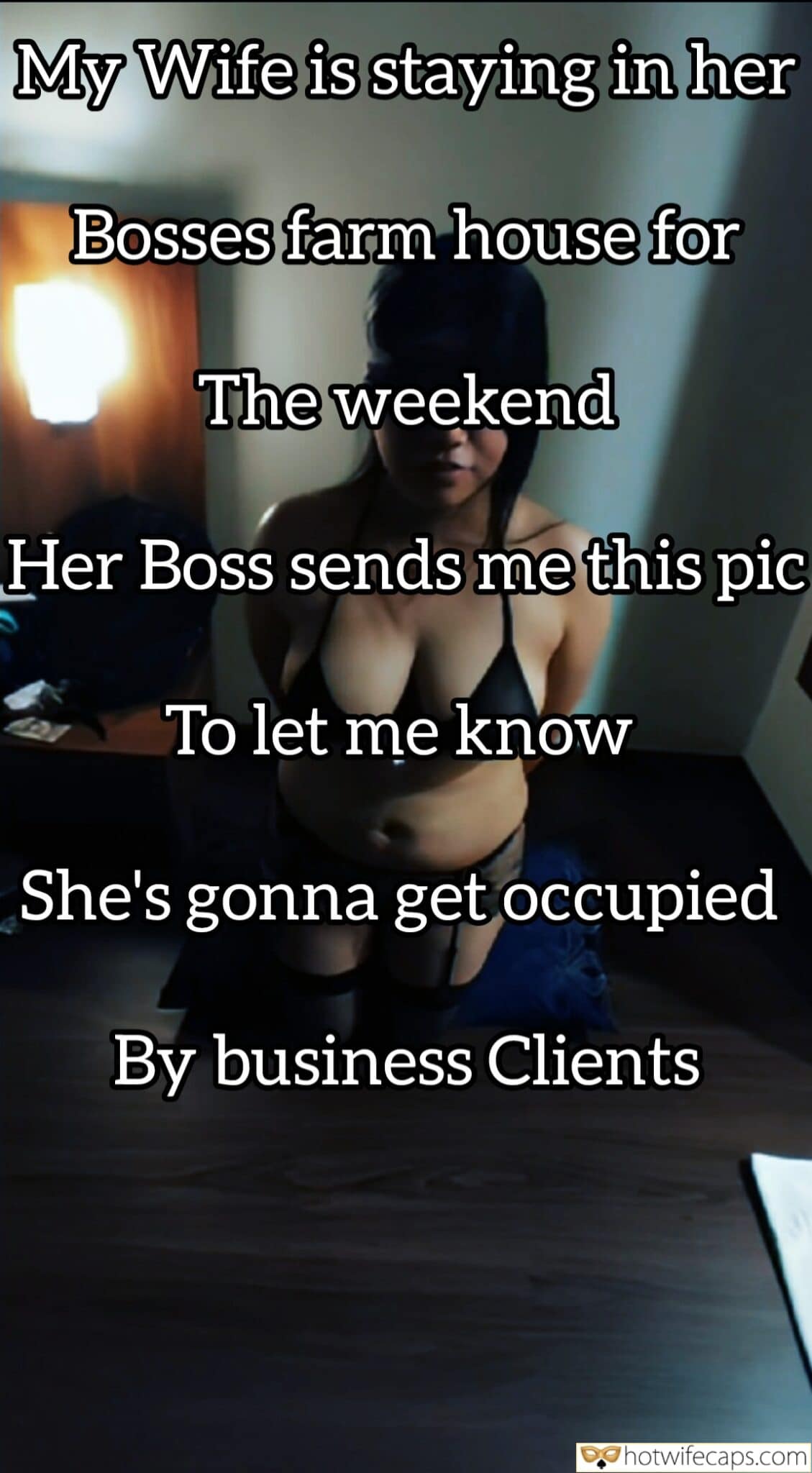 Wife Sharing Threesome Submitted by Users 🔥 Handjob Cum Slut Cuckold Stories Blowjob Blindfolded Bigger Cock hotwife caption: Hotwife in boss's farmhouse, partially nude in black lace, ready for business clients. Cuckold husband receives explicit photo. Boss’s Orders: My Wife’s Business Weekend