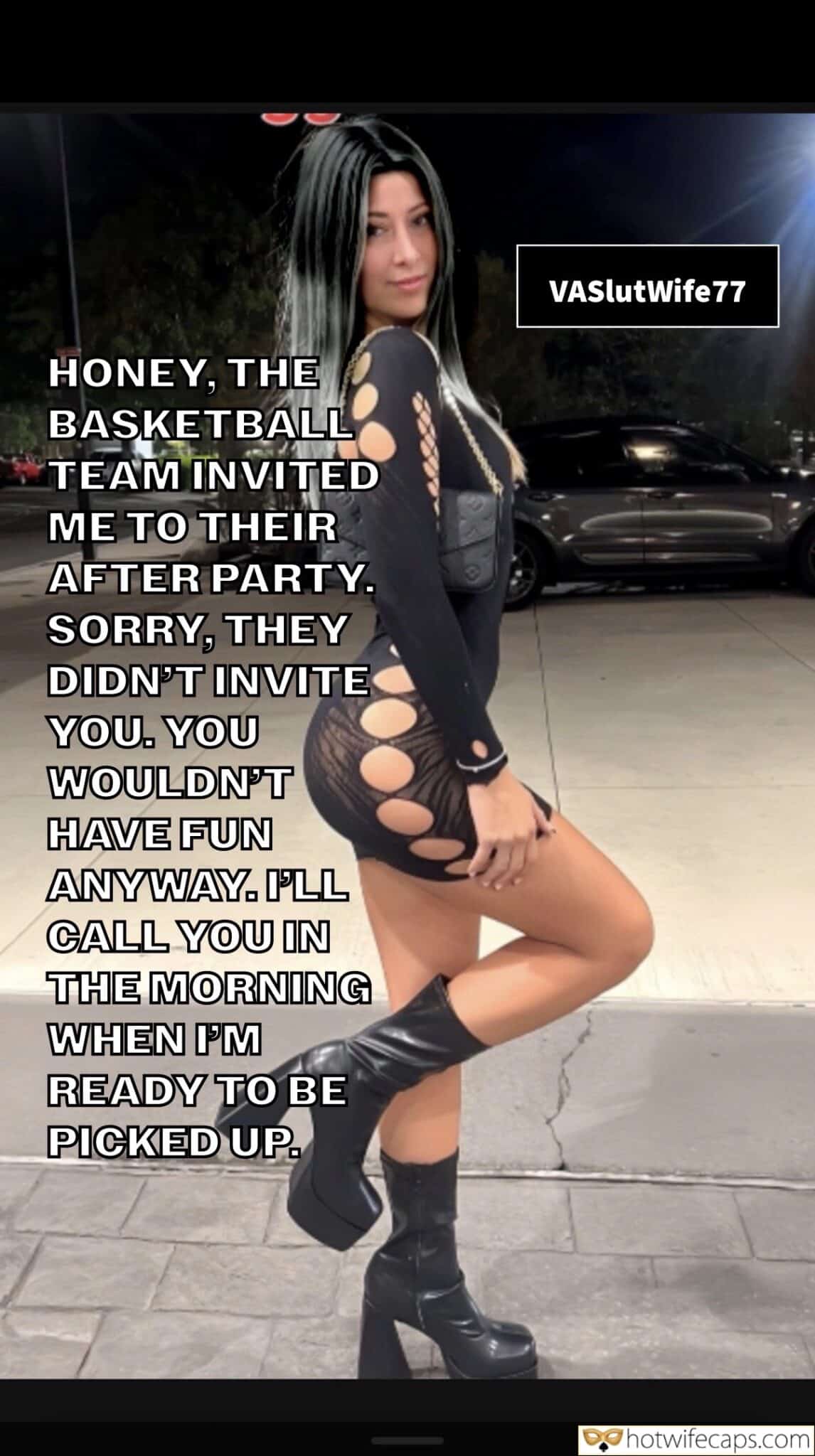 Wife Sharing Submitted by Users 🔥 Humiliation Cum Slut Cuckold Stories hotwife caption: Curvy woman in a black cutout bodysuit stands in a parking lot, invited to a basketball team's after party, leaving her partner behind. Why Wasn’t I Invited to the After Party?